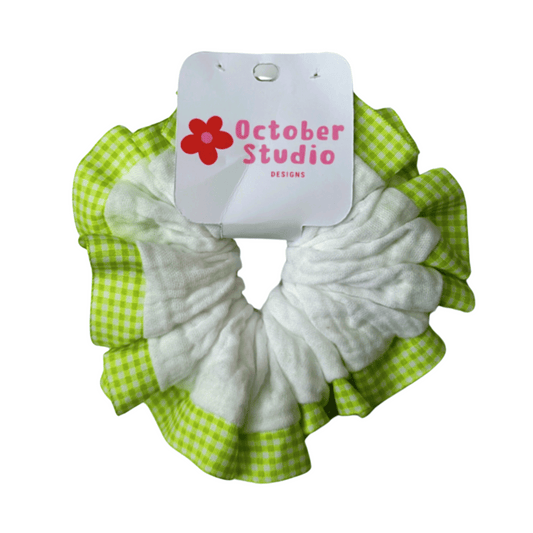 White & Green Gingham Scrunchie